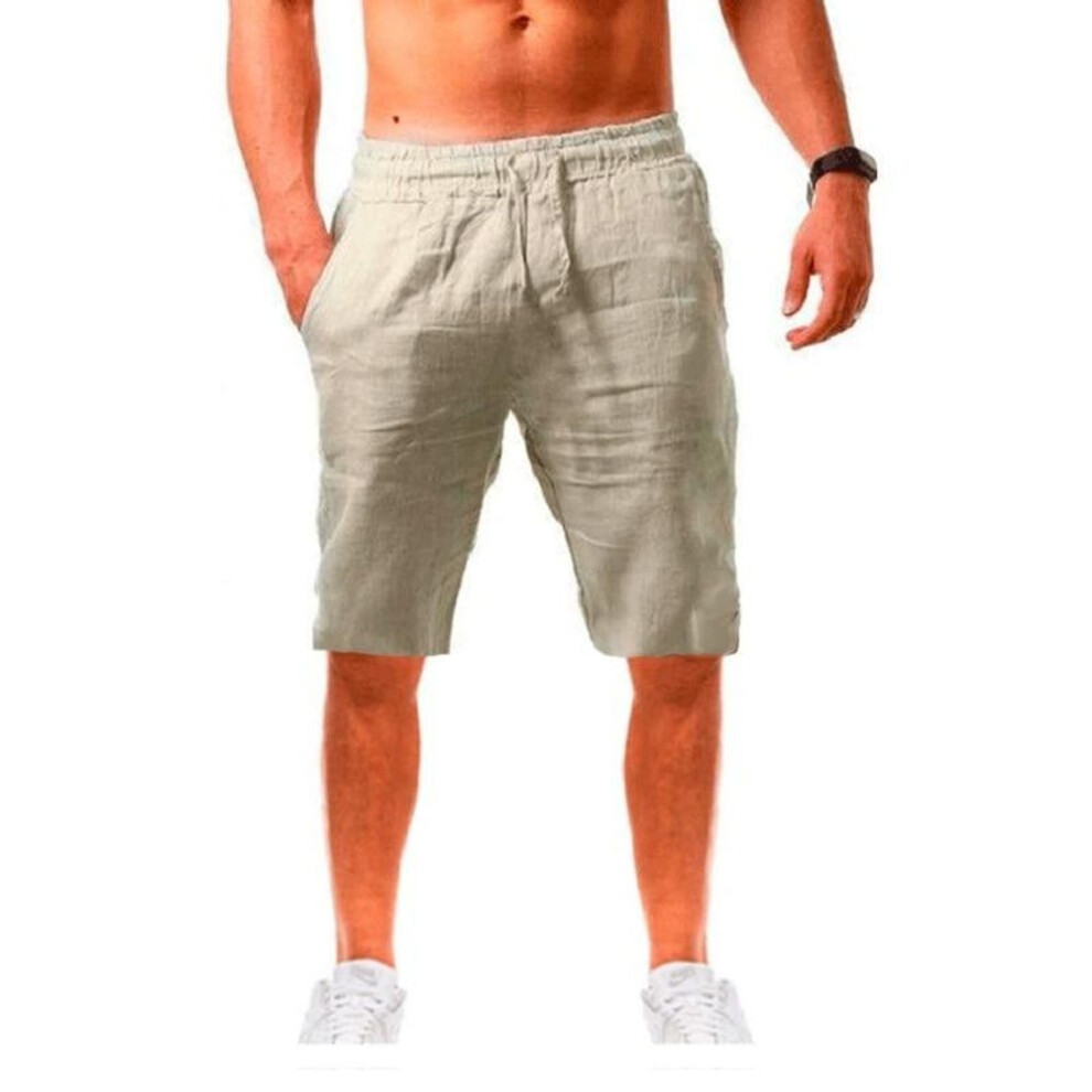 (light khaki, L) New Men's Cotton Linen Shorts Pants Male Summer Breathable Solid Color Linen Trousers Fitness Streetwear S-3XL
