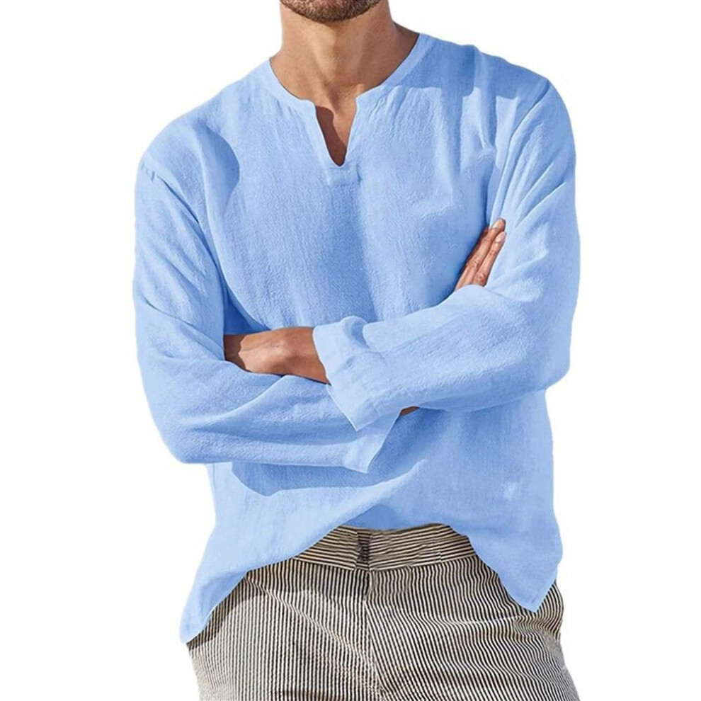 (US XL, light blue) Cotton Linen Men Shirt Brief Breathable Comfy Solid Color Long Sleeve V Neck Casual Blouse Hawaiian Shirt Oversize Tops