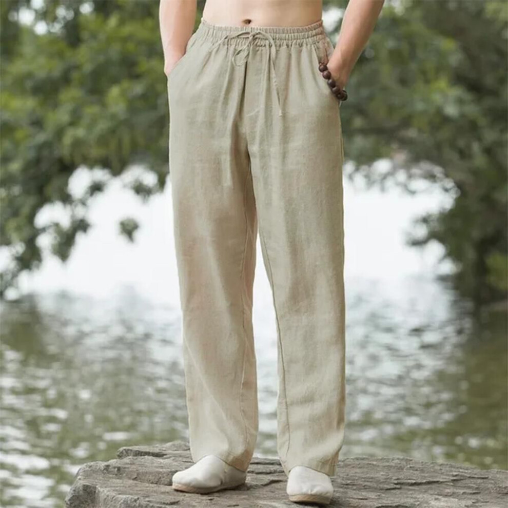 (light khaki, XXXL) Men&apos;s Cotton Linen Pants Hawaiian Vacation Holiday Beach Trousers Breathable Streetwear Casual Pants Loose Men Bottoms