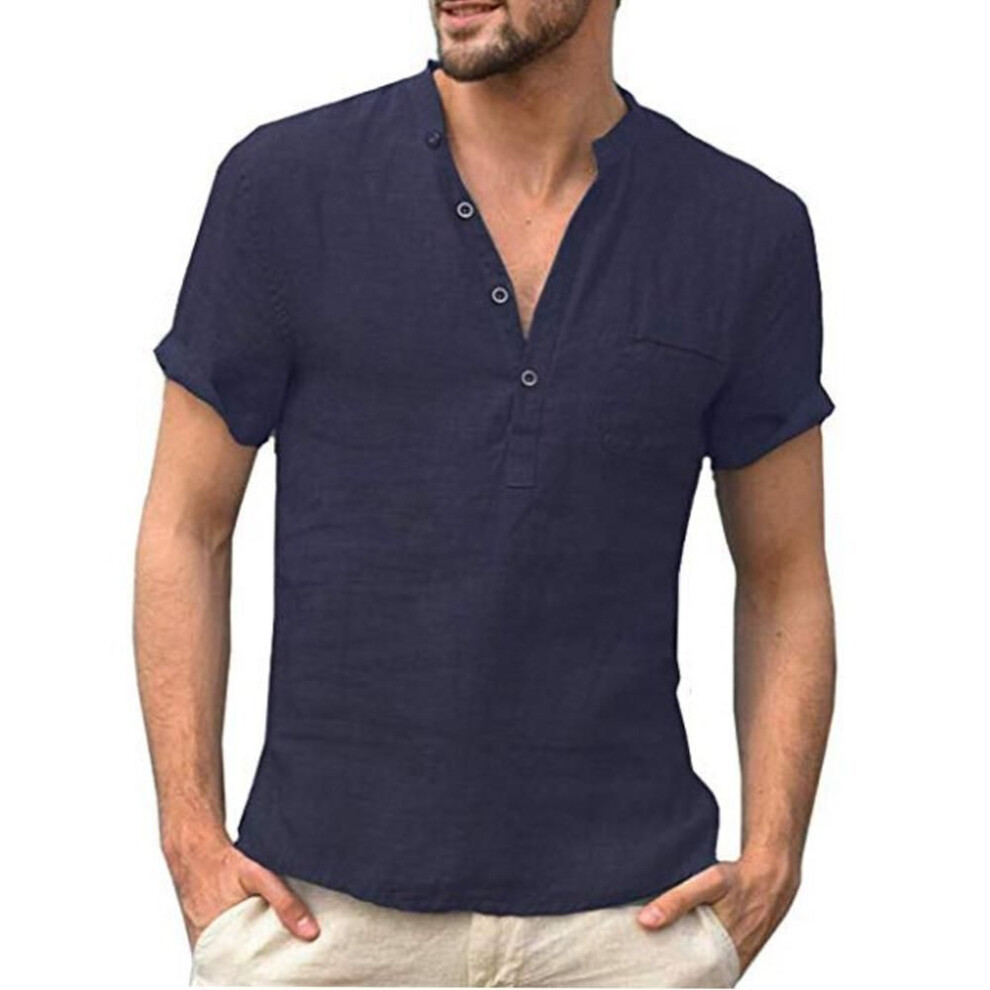 (XXL, navy blue) Summer New Men&apos;s Short-sleeved T-shirt Cotton And Linen Led Casual Men&apos;s T-shirt Shirt Male  Breathable S-3xl