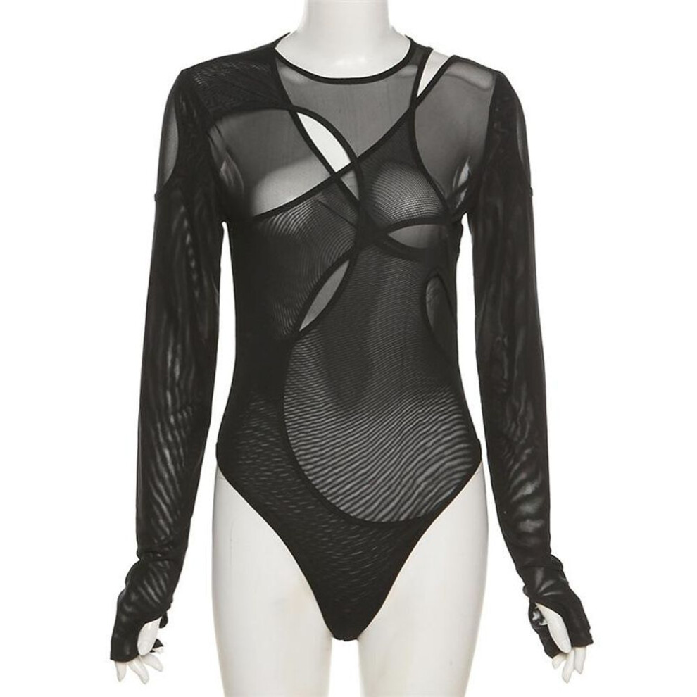 (black, S) Summer Solid Color Bodysuit See-through Sexy Hollow Design Women Top Jumpsuits Slim Fit For High Street Clubwear Female