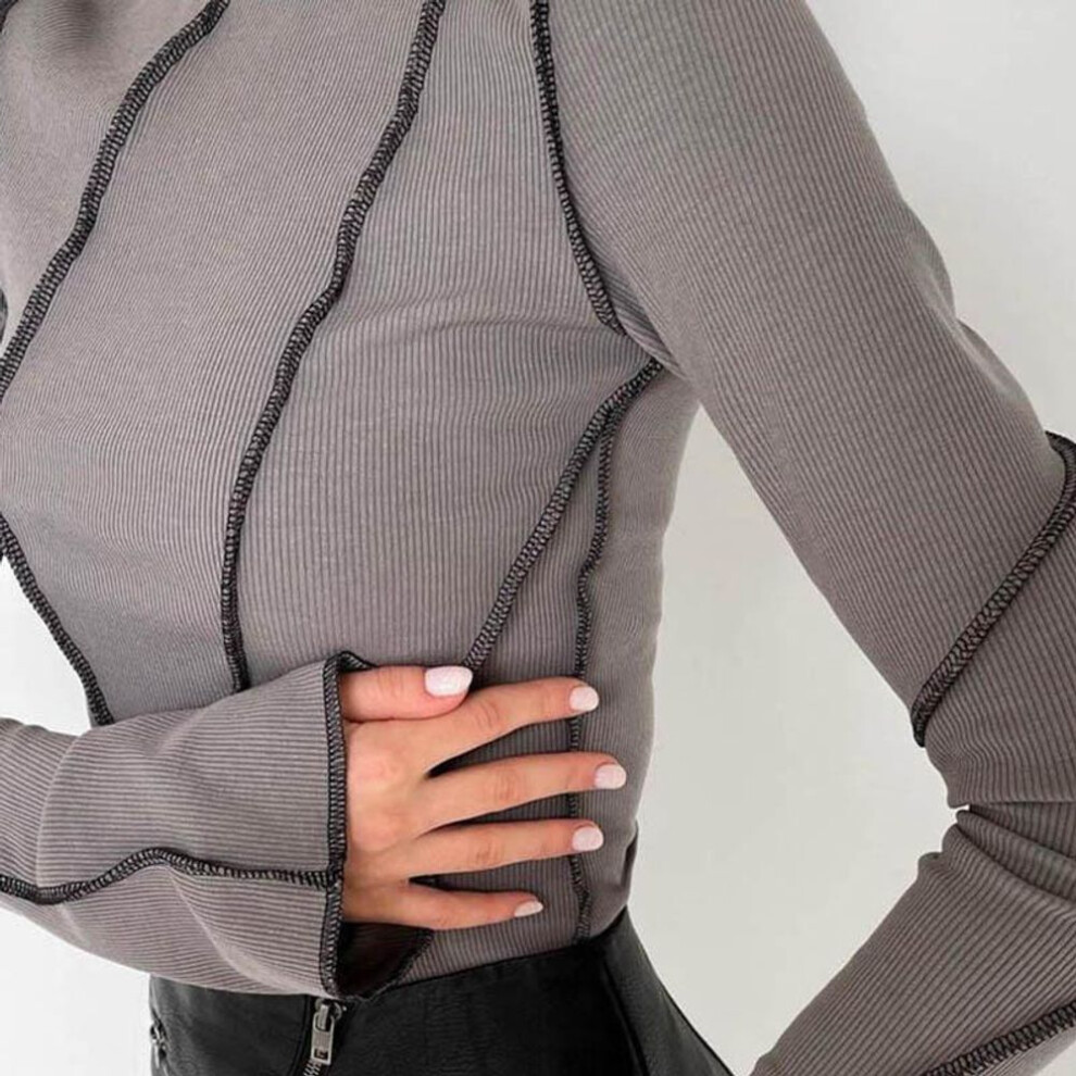 (L, gray) Women Patchwork T-Shirts Chic Casual Long Flare Sleeve Round Neck Knitted Ribbed Tees Shirts Spring Autumn Street Top