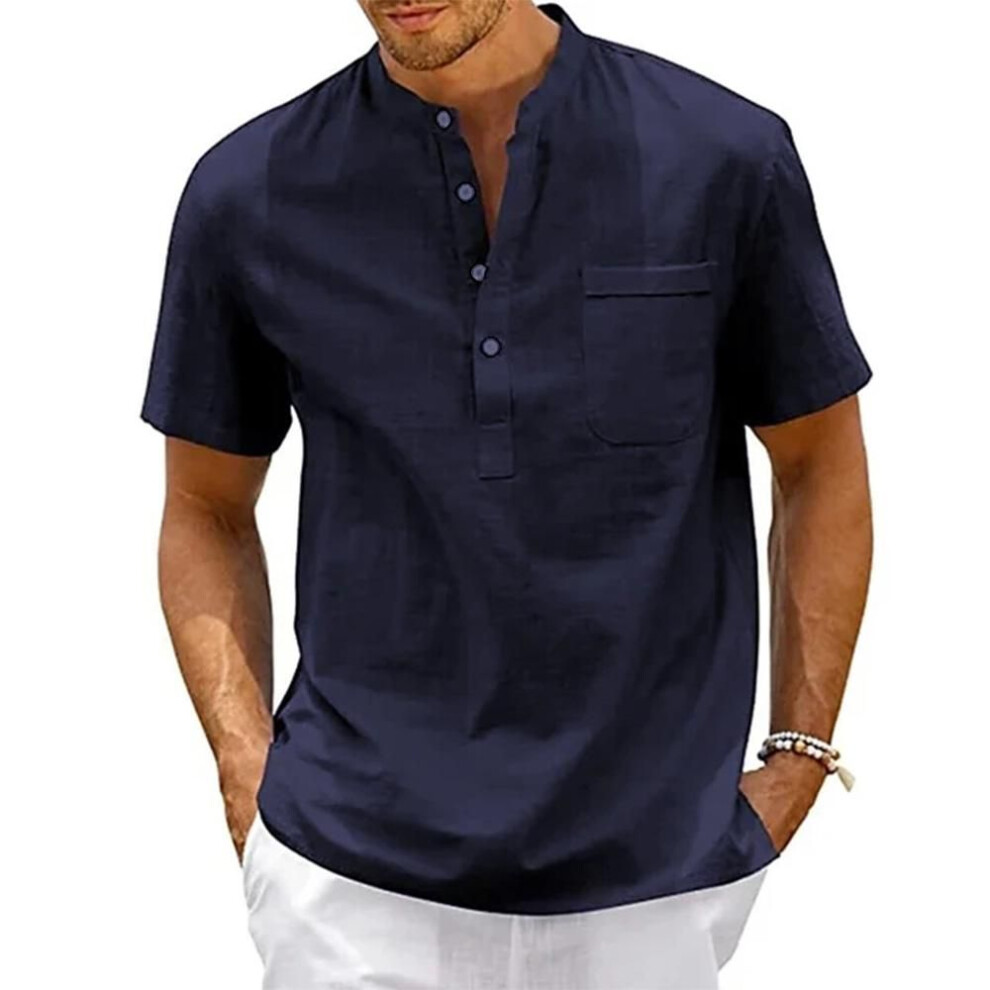 (XL, navy blue) Summer Cotton Linen New Men&apos;s Short-sleeved T-shirt Casual Men&apos;s T-shirt Shirt Male Pocket Breathable S-3xl