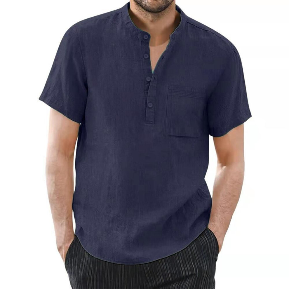 (navy blue, XXL) Men's Casual Cotton-Linen Summer T-shirt
