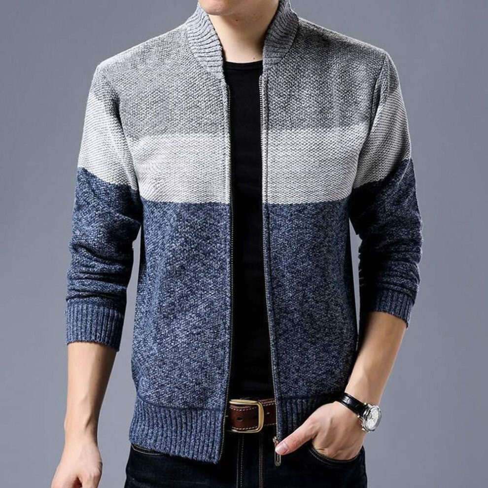 (light grey, M) Spring Winter New Men&apos;s Cardigan Single-breasted Fashion Knit  Plus Size Sweater Stitching Colorblock Stand Collar Coats Jackets