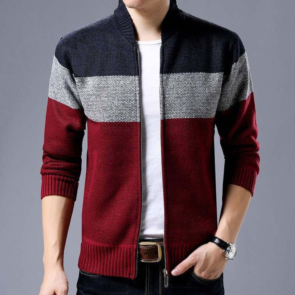 (navy blue, XL) Spring Winter New Men&apos;s Cardigan Single-breasted Fashion Knit  Plus Size Sweater Stitching Colorblock Stand Collar Coats Jackets