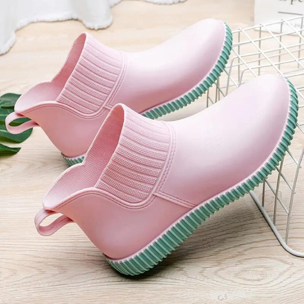 (pink, 40) Women&apos;s Non-slip Solid Color Flat Rain Boots Waterproof Slip On Rubber Shoes Outdoor Working Shoes