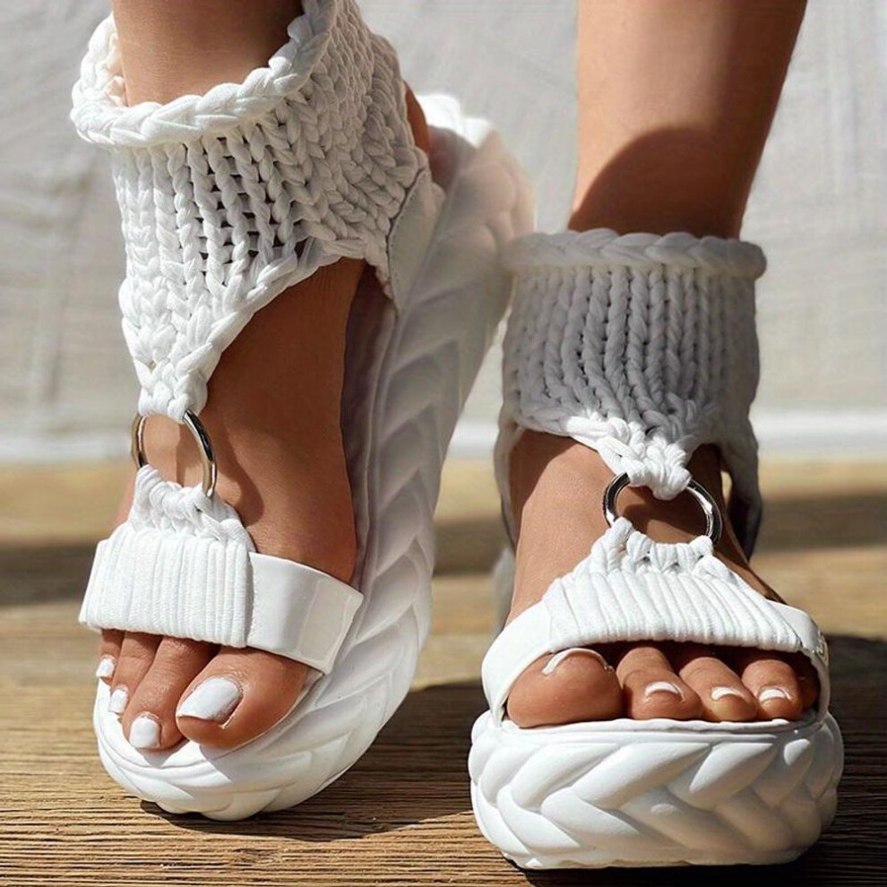 (white, 38) Stylish Women&apos;s Crochet Platform Sandals - Open Toe Slip-on Slingbacks For Casual Outdoor Wear With Non-slip Soles