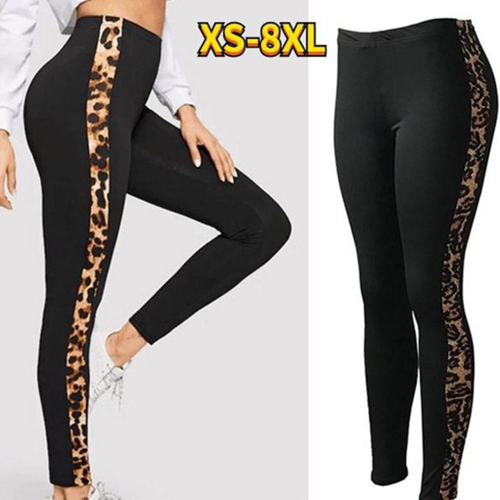 (black, 8XL) Womens Water Leopard Print On The Side Prints Stretch Yoga Leggings Fitness Running Gym Sports Active Pants