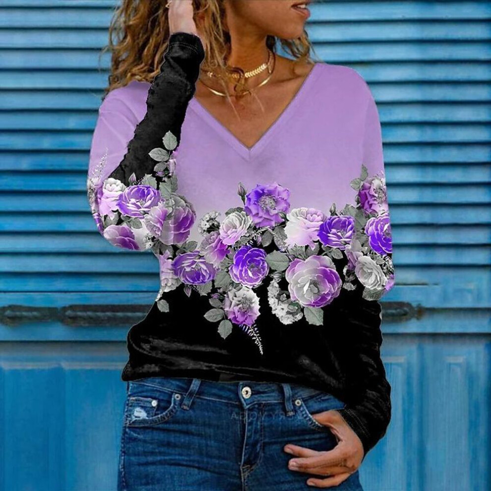 (6XL, purple) 3D Print Rose Women Tshirts Ladies Tops Long Sleeve V-neck Pullover Femme T-shirts T Shirt For Women