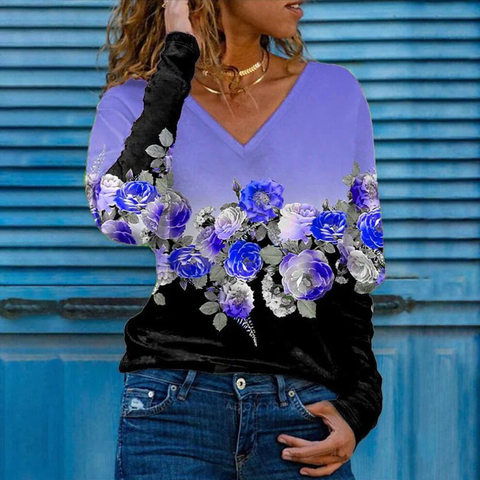 (4XL, dark purple) 3D Print Rose Women Tshirts Ladies Tops Long Sleeve V-neck Pullover Femme T-shirts T Shirt For Women