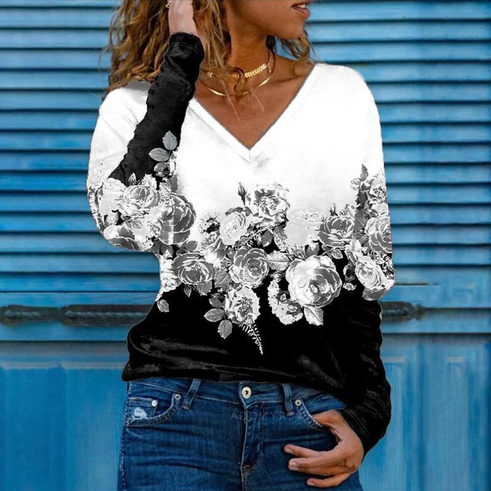 (4XL, white) 3D Print Rose Women Tshirts Ladies Tops Long Sleeve V-neck Pullover Femme T-shirts T Shirt For Women