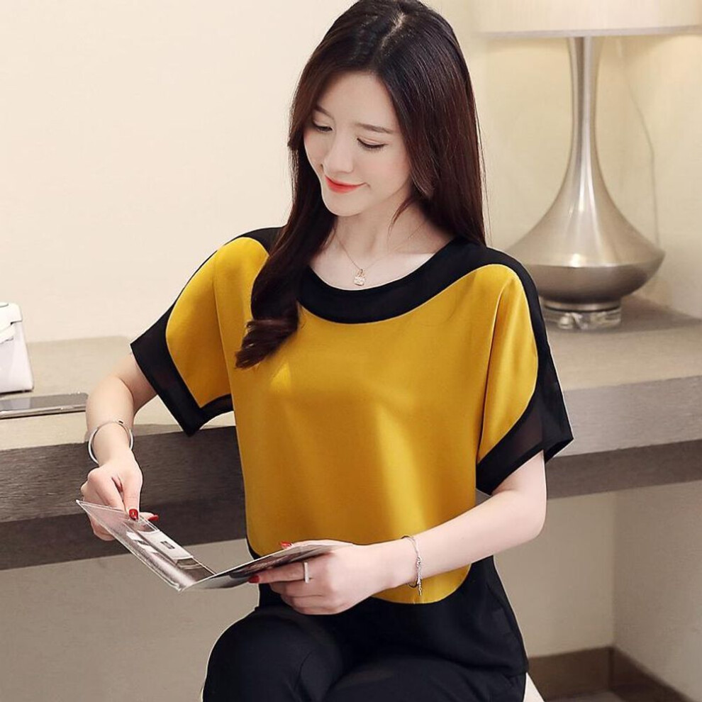 (XL, yellow) Summer Short Sleeve O-neck White Chiffon Blouse Shirt Women Tops J177