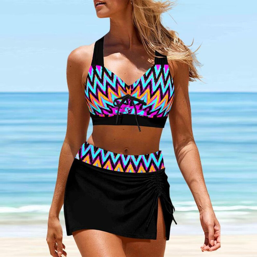 (M, black) Women&apos;s Shoulder Strap Swimsuit Green Leaves Print Bikini Tankini Swimsuit