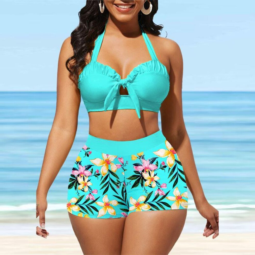 (5XL, blue) Women&apos;s Hanging Neck Style Swimsuit Tulip Print Bikini Tankini Swimsuit