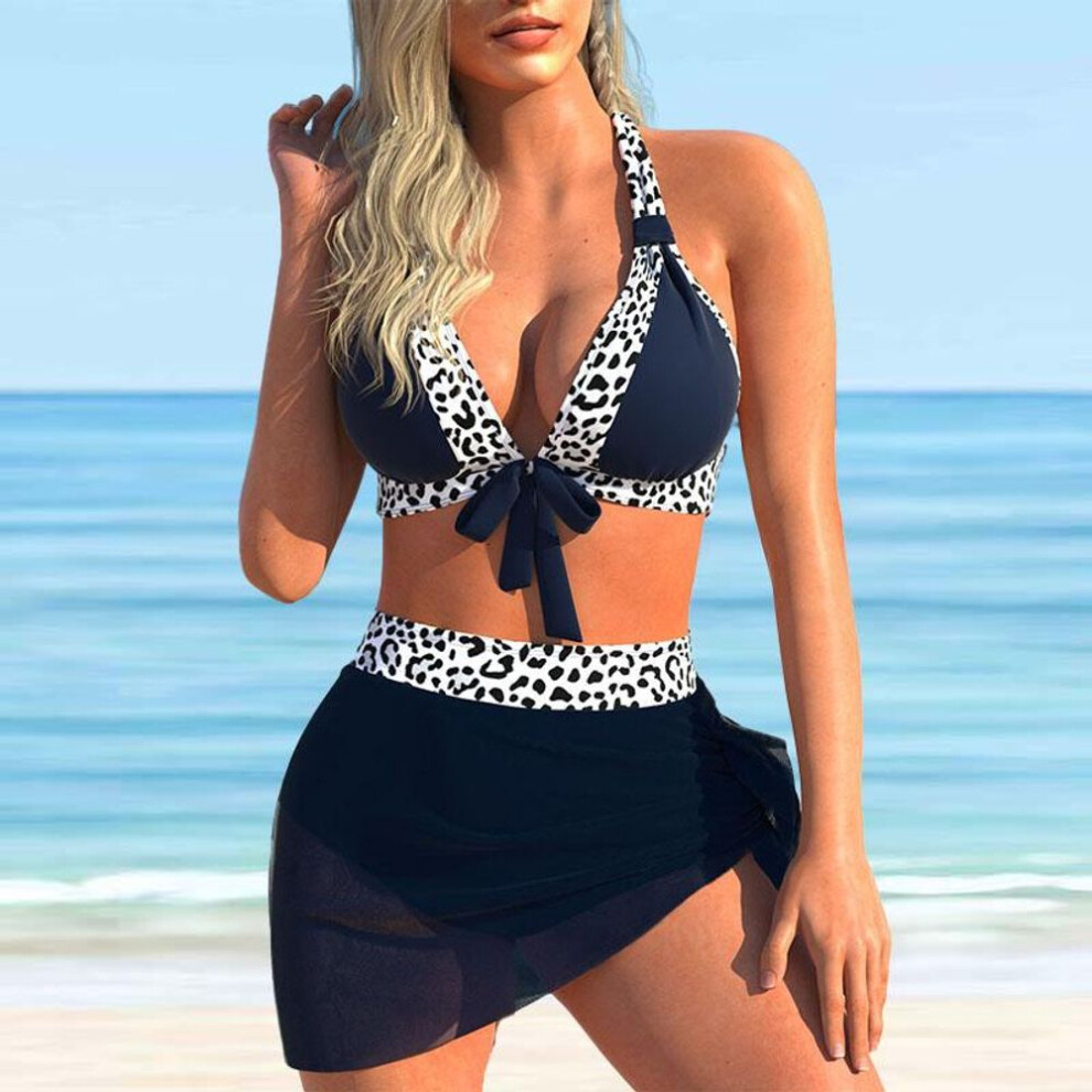 (3XL, navy blue) Women&apos;s Beautiful Back Swimsuit With Black Leopard Print Printed Bikini Short Tank Top Swimsuit