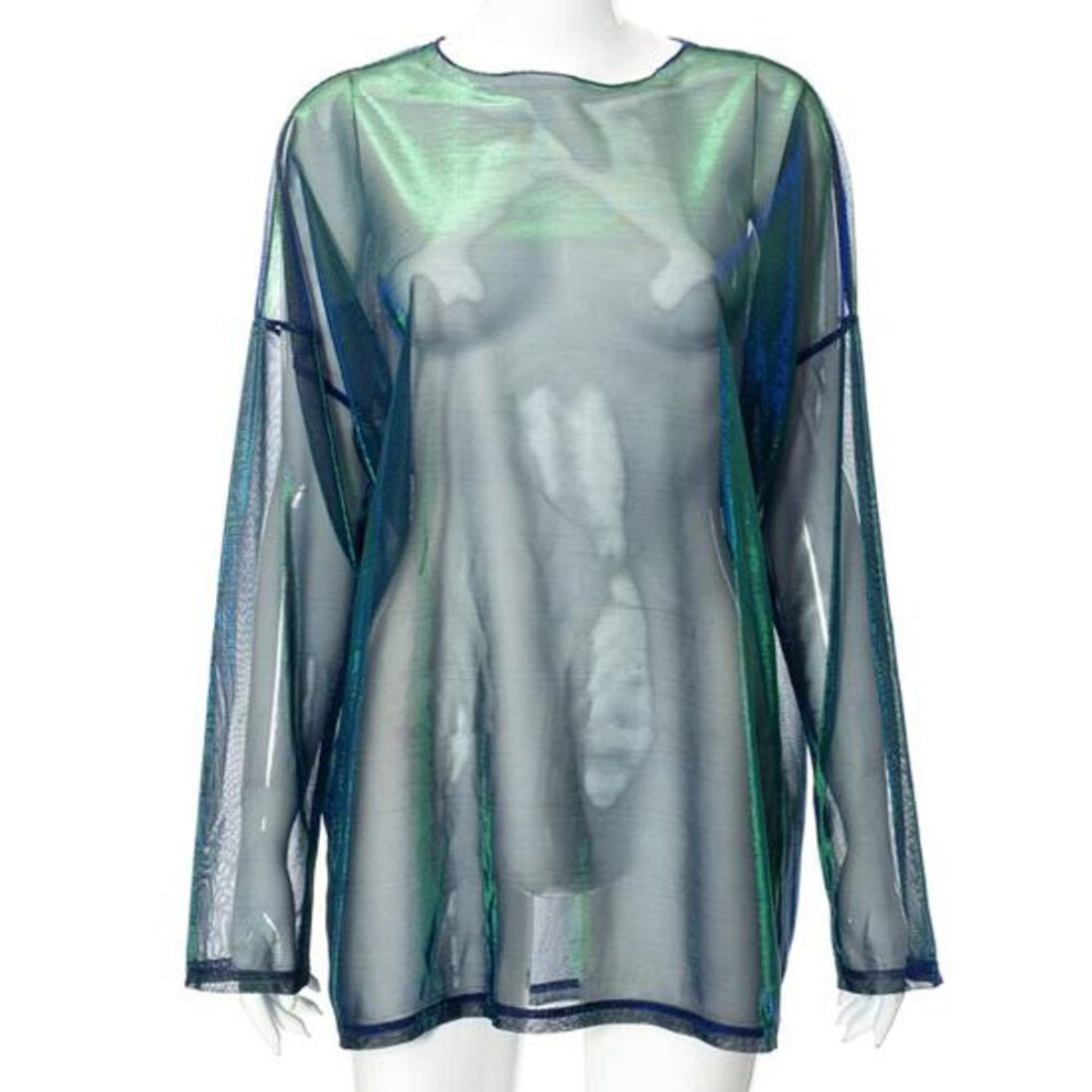 (S, blue,green) Women Party T-shirt Trendy Long Sleeve Visible Women Party T-shirt Solid Color Women Party T-shirt Women Party T-shirt Female Clothes
