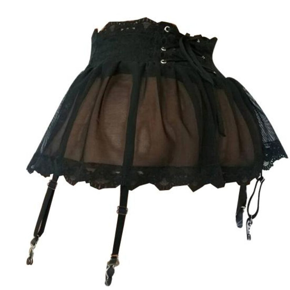 (S, black) Adjustable Garter Belt Skirt Four Breasted Bandage Perspective Lace Garter Skirt
