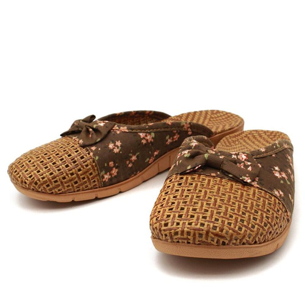 (brown, 39-40) Summer Women Flat Slippers Casual Slides Floral Bow Linen Women Sandals Indoor Shoes