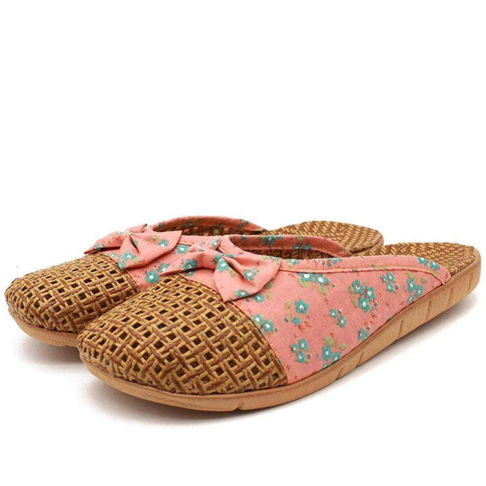 (rose red, 39-40) Summer Women Flat Slippers Casual Slides Floral Bow Linen Women Sandals Indoor Shoes