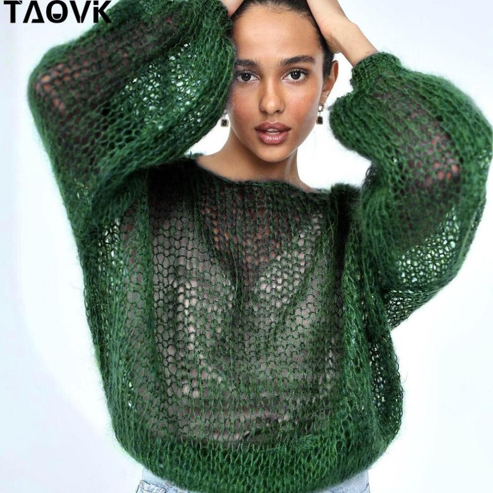 (XL, dark green) Taovk Women&apos;s Knitted Lightweight Sheer Thin Sweaters Lady Hollow Out Pullover Lantern Sleeve Crochet Loose Top Smock Female