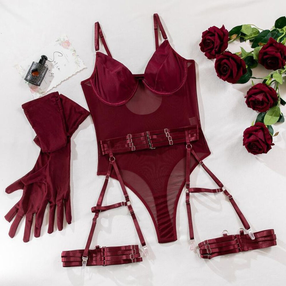 (burgundy, S) Termezy Women Sexy Corset Elasticity Temptation Body Bustier Underwear Push Up Slim Garter Belts With Glove 3 Piece Set Lingerie