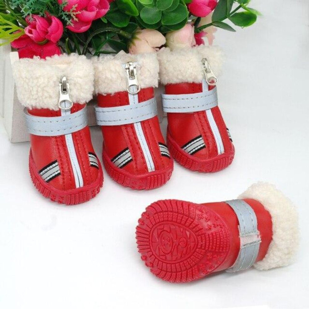 (red, 4) Warm Pet Dog Shoes Winter Waterproof Pet Dog Boots Shoe Rain Snow Booties Reflective Nonslip Footwear For Small Large Dogs