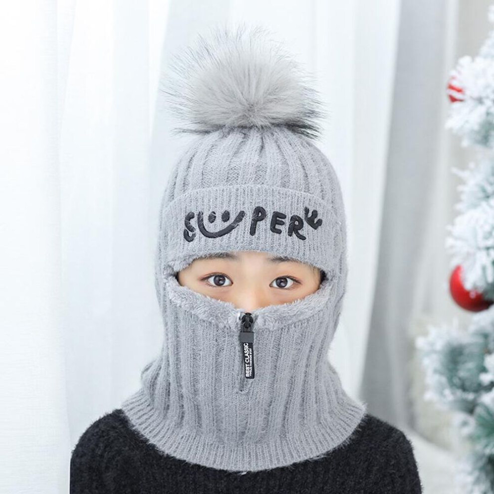 (grey) Knitting Hat Scarf Oneness Balaclava Kids Neck Warmer Winter Warm Skullies Beanie