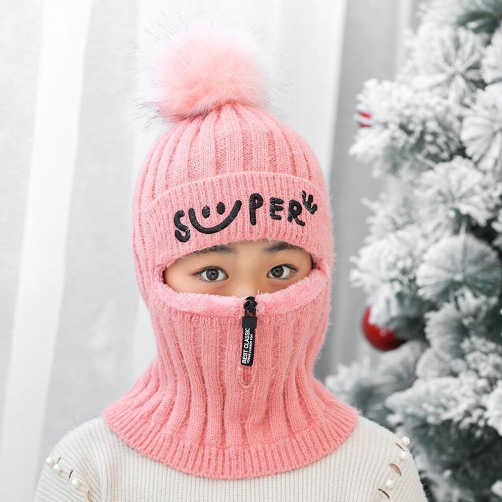 (pink) Knitting Hat Scarf Oneness Balaclava Kids Neck Warmer Winter Warm Skullies Beanie
