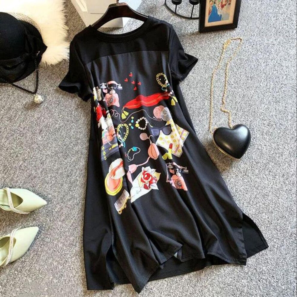 (black, XXXXXL) Women&apos;s Plus Size Loose A-line Dress Black Long T-shirt Dress Silky And Comfortable