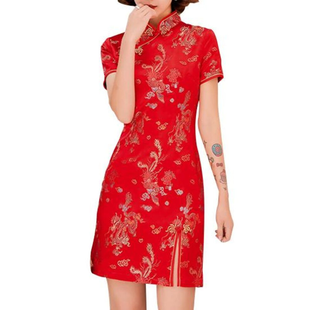 (L, red) Mandarin Collar Short Sleeve Disc Buckles Side Split Women Cheongsam Embroidery Dragon Phoenix Print Chinese Style Mini Qipao Dress