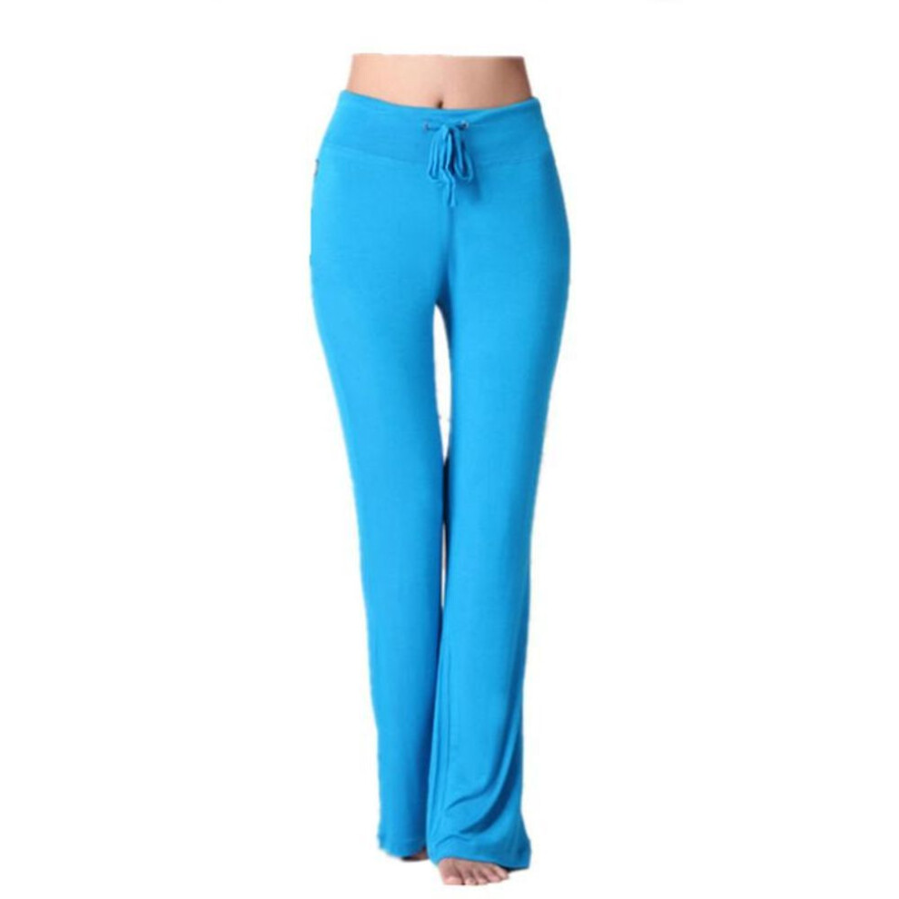 (lake blue, XXXL) Auroth Solid Color Women High Waist Wide Leg Flared Pants Stretch Trousers Drawstring Sports Pants