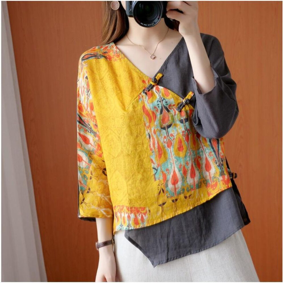 (XL, yellow) Plus size Cotton linen Women Summer t-shirt