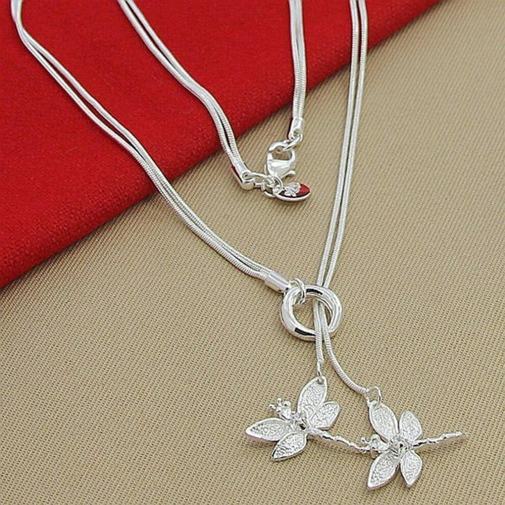 (45Cm) Dragonfly Pendant Necklace 925 Sterling Snake Chain Jewelry Silver
