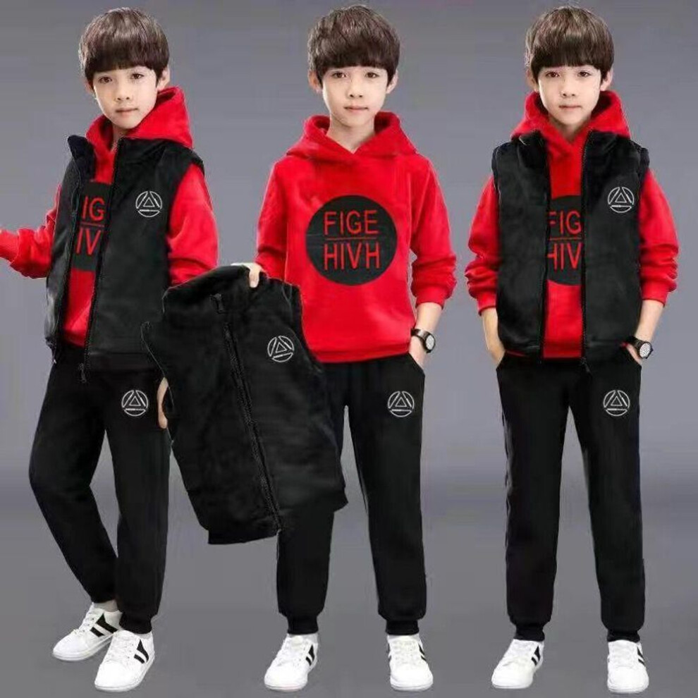 (red, 160cm) 3 Pieces/set Boys Clothing Sets Kids Clothes For Teens Children Outfits Vest Hoodies Tops Pants Autumn Winter Suit Warm