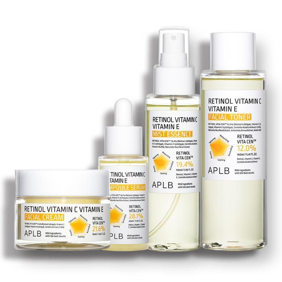 Aplb Retinol Vitamin C Vitamin E Set: Facial Cream + Ampoule Serum + Mist Essence + Facial Toner Combined With Centella 3x Complex