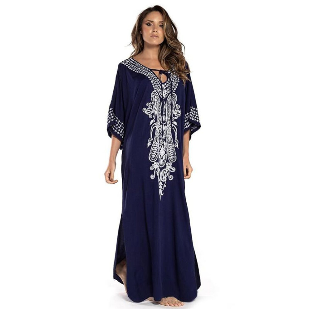 (One Size, blue) Embroidery Kaftan Beach Tunic Cotton Beach Cover Up Saida De Praia Swimsuit Women Bikini Cover Up
