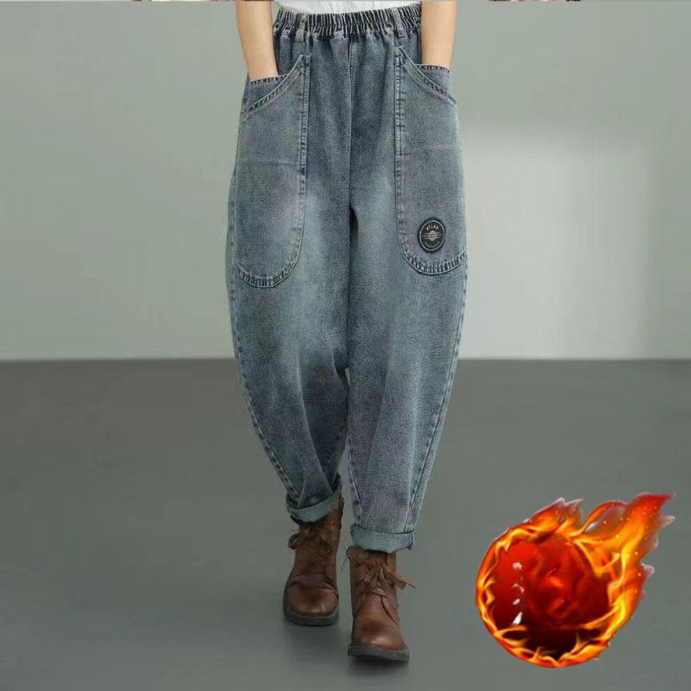 (blue, 3XL) Autumn and Winter Women&apos;s Padded and Thickened Large Pockets Casual Jeans Loose Harem Trousers
