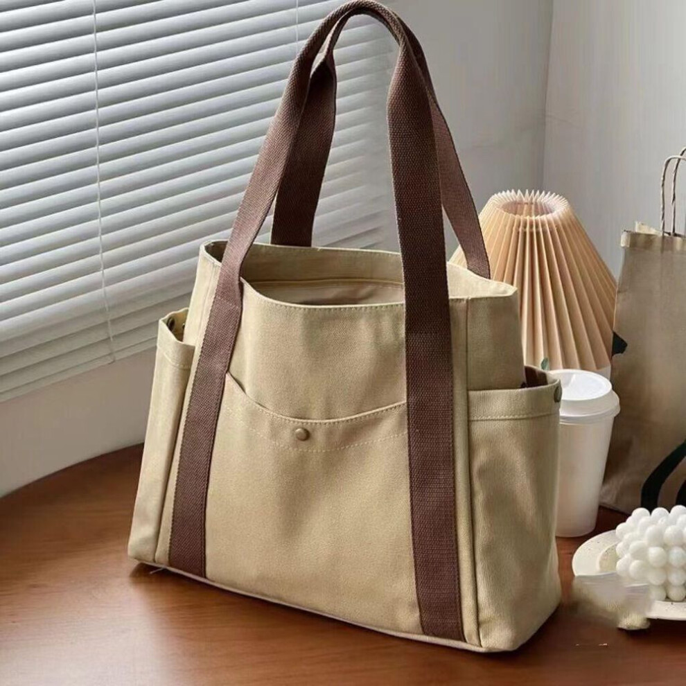 (khaki) Large Capacity Canvas Tote Bags For Work Commuting Carrying Bag College Style Student Outfit Book Shoulder Bag
