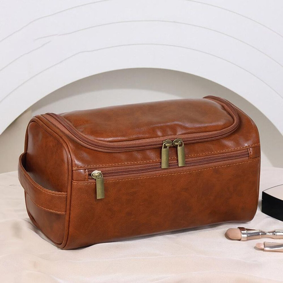 (brown) Leather Men Business Portable Storage Bag Toiletries Organizer Women Travel Cosmetic Bag Hanging Waterproof Wash Pouch