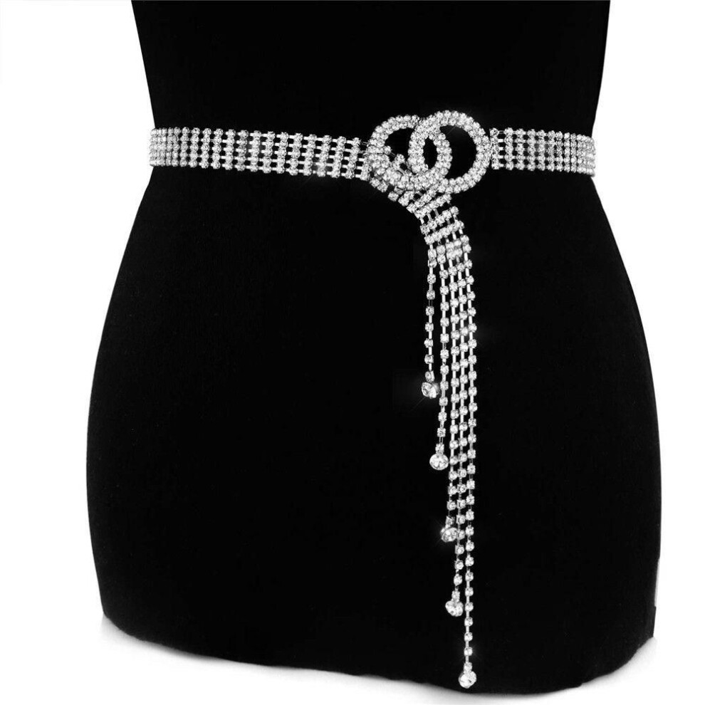 (silver) Women Bling Adjustable Waistband Crystal Waist Belt Sparkle Tassels Rhinestone Chain Belt O-ring