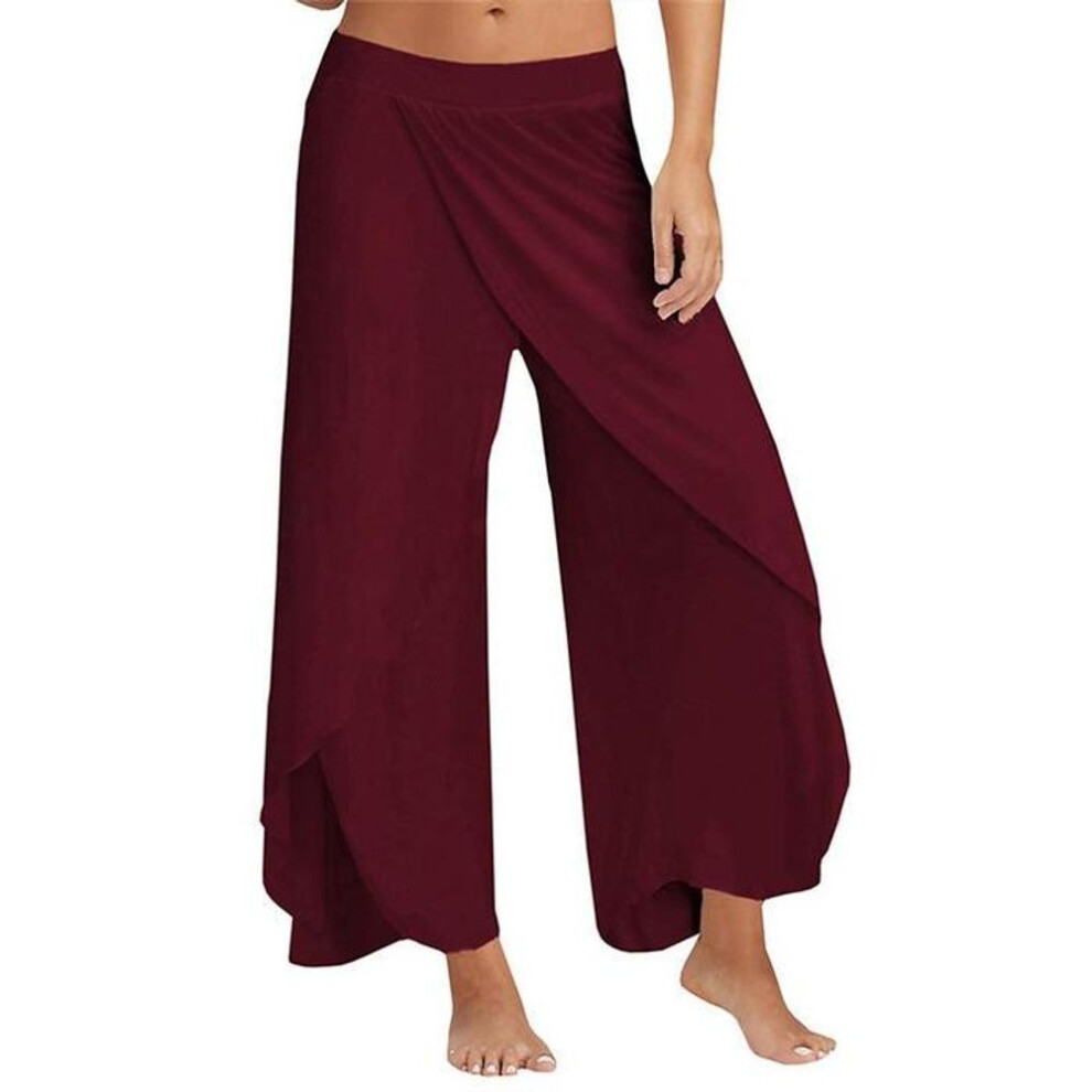 (wine red, S) Women Palazzo Boho Wide Leg Pants Chiffon Skirt Flared Yoga Trousers Plus Size