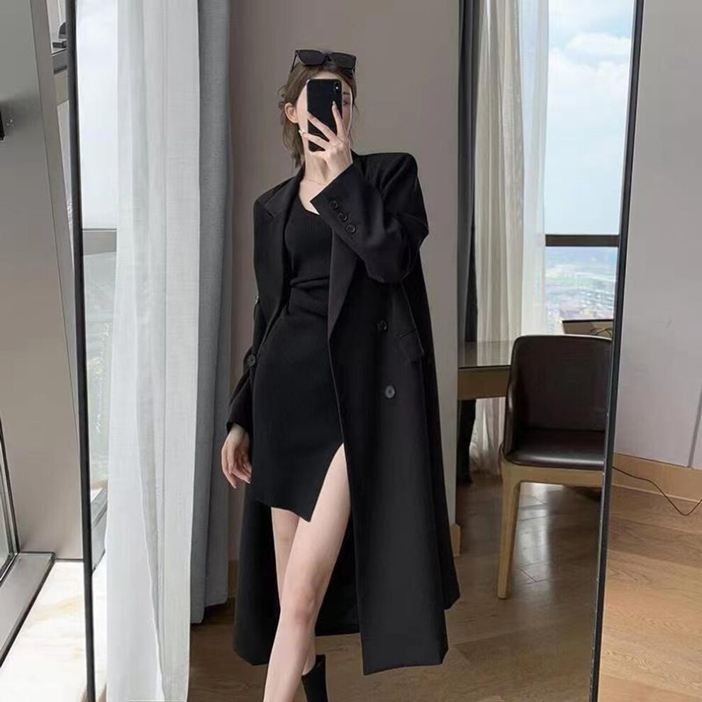 (black, M) Spring Autumn Fashion Trench Coat For Women Double Breasted Long Black Windbreaker Suit Jackets