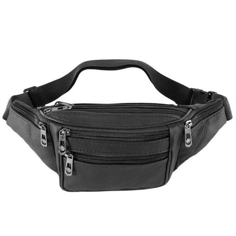 (black) Mens Leather Waist Multi-pockets Storage Fanny Pack Bag