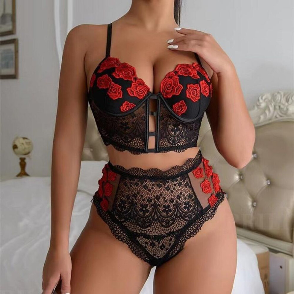 (black, XL) Sexy Lingerie Set Lace Floral Embroidery Underwear Women Sensual Transparent Bra 2-Piece Exotic Set Brassiere Outfits-image-OPC-PFYMJD8-NEW