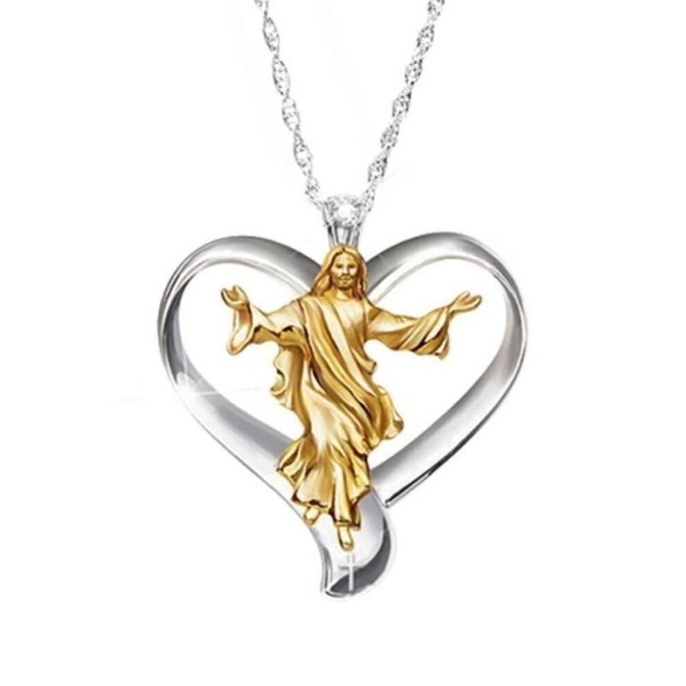 (gold) 14krgp Cross Jesus White & Gold Heart Pendant Women Jewelry Pendant Necklace Silver Chain