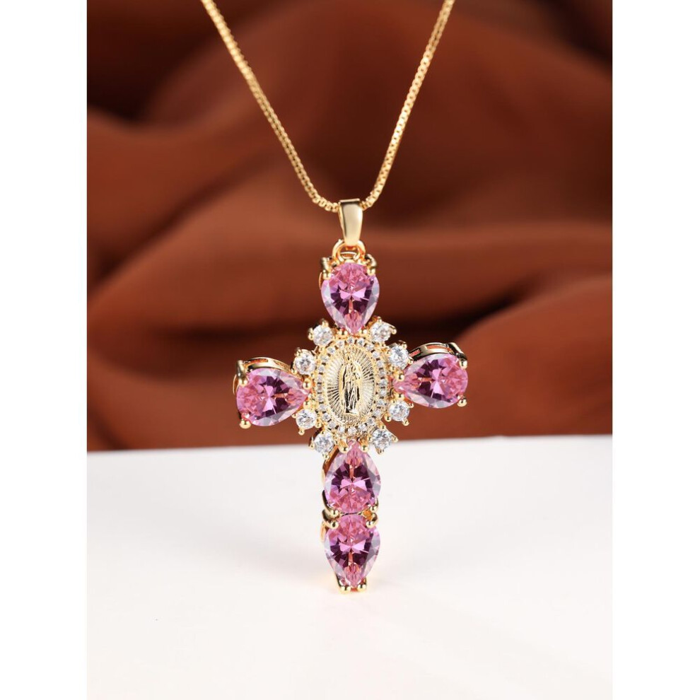 (gold,pink) Exquisite Fashion Gold Pink Zircon Cross Necklace Christian Jesus Prayer Necklace