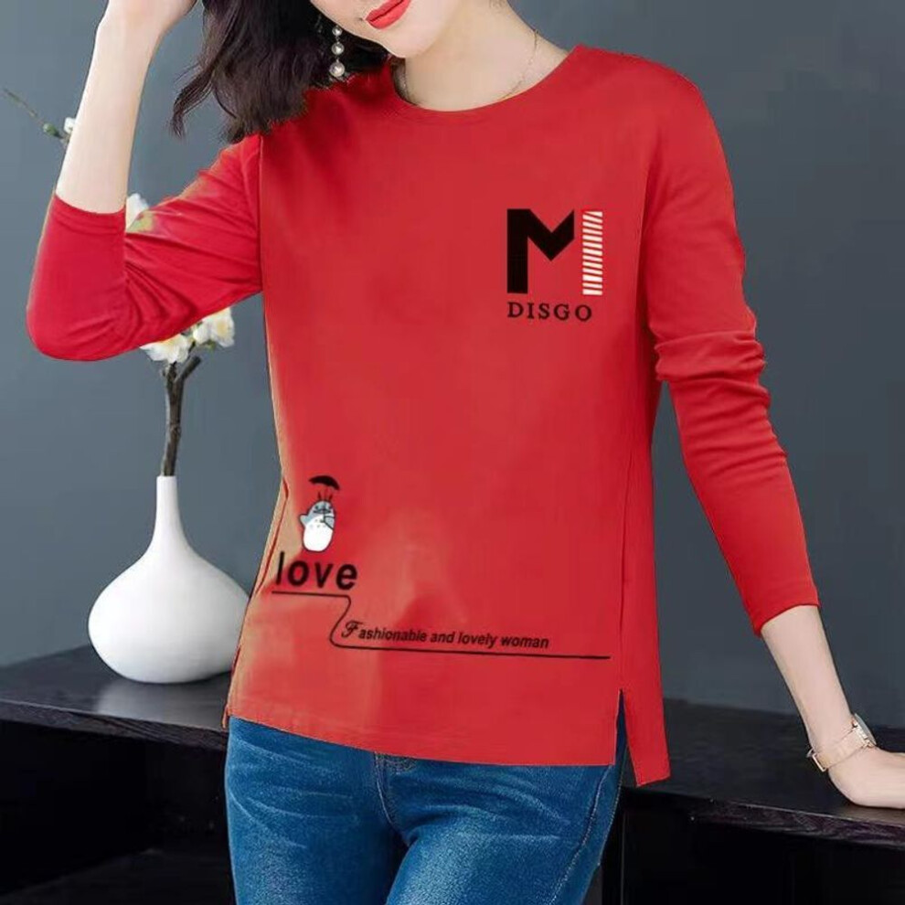 (XL, red) Long Sleeve Crew Neck Letter Printed Ladies Blouse