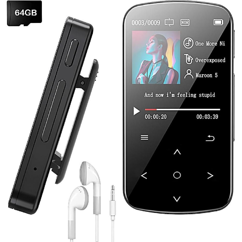 MP3 Player 64GB with Bluetooth 5.2, 1.5 inch Colorful Screen Sensitive Touch Button, Hi-Fi Music MP3 Player with Clip Pedometer Function Card Reader