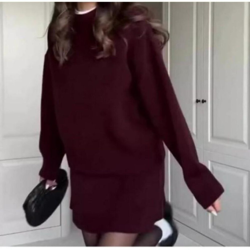 (dark red, M) Women&apos;s Spring And Autumn Solid Color Casual College Style Set Knitted Long Sleeve Sweatshirt + Short Skirt Two Piece Set